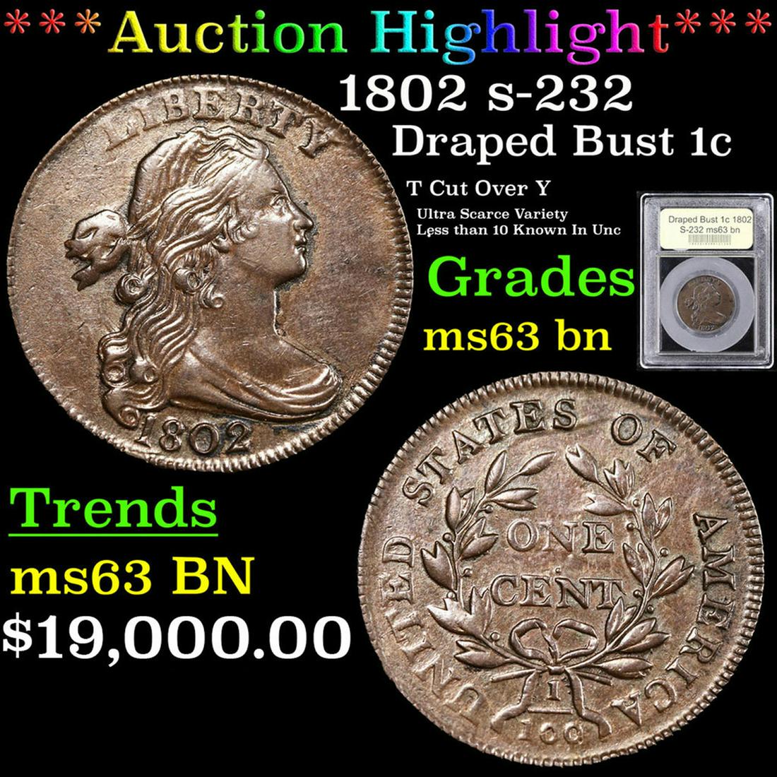***Auction Highlight*** 1802 Draped Bust Large Cent s-232 1c Graded Select Unc BN By USCG (fc) (1 of 5)