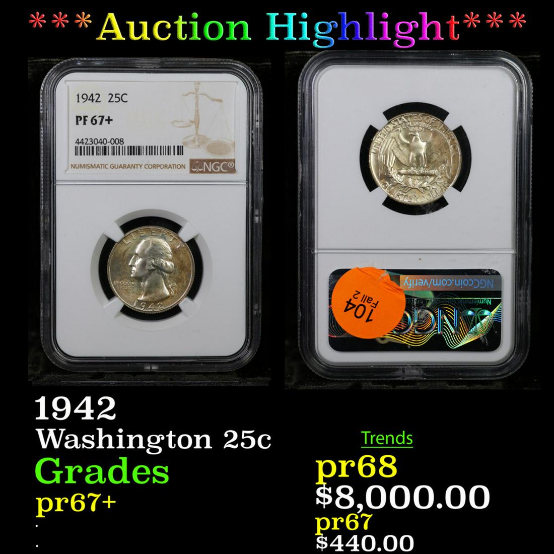 Proof ***Auction Highlight*** NGC 1942 Washington Quarter 25c Graded pr67+ By NGC (fc) (1 of 5)