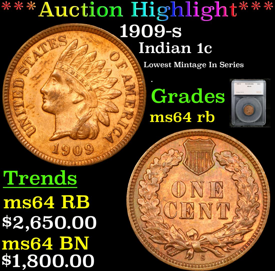 ***Auction Highlight*** 1909-s Indian Cent 1c Graded ms64 rb By SEGS (fc) (1 of 3)