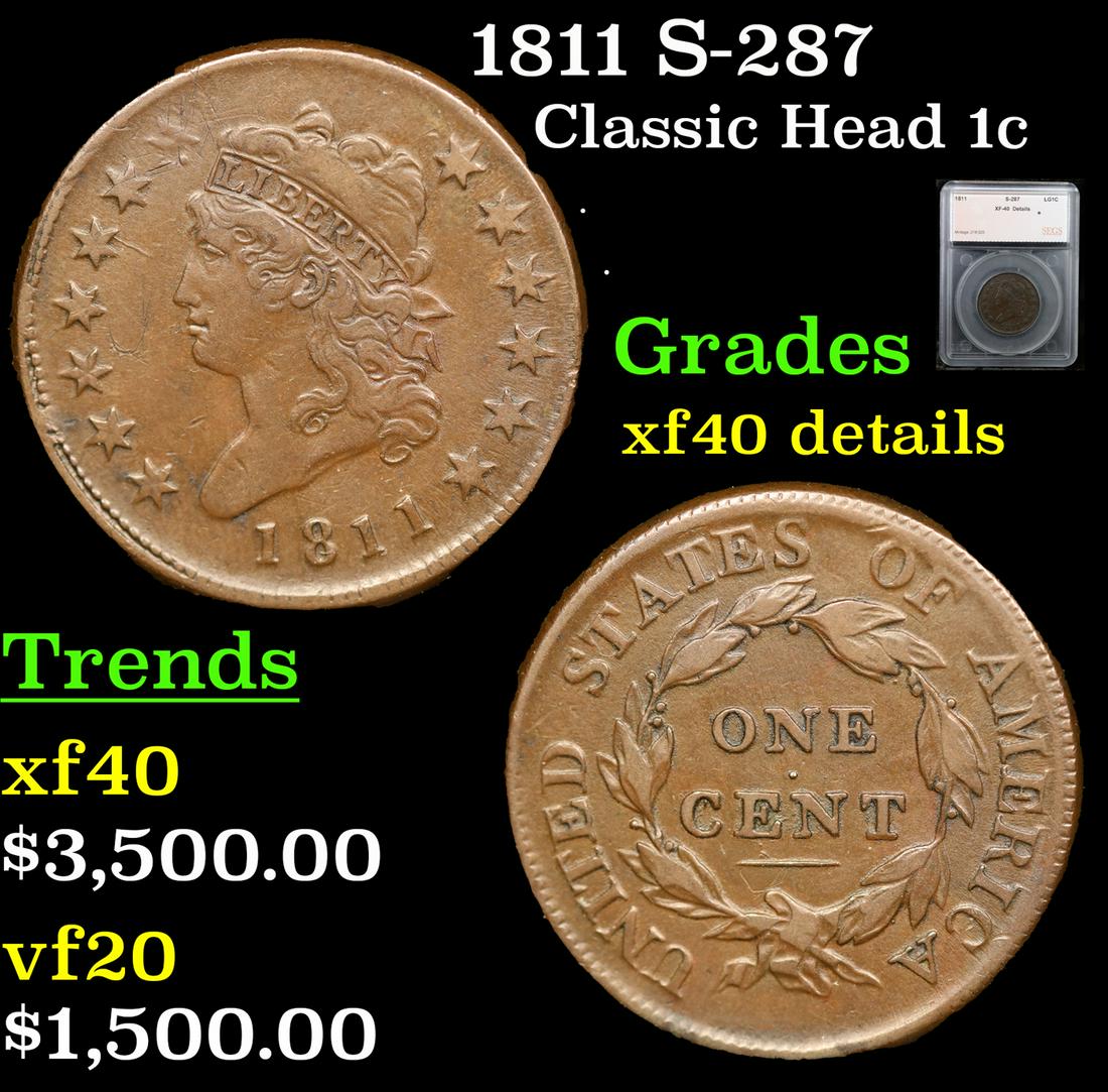 1811 Classic Head Large Cent S-287 1c Graded xf40 details By SEGS (1 of 3)