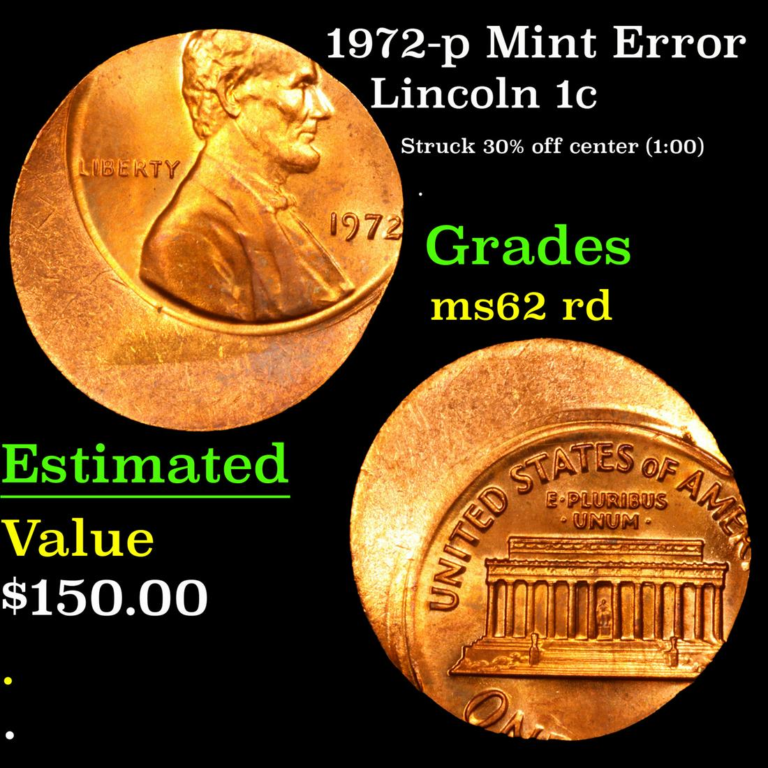 1972-p Lincoln Cent Mint Error 1c Grades Select Unc RD (1 of 3)