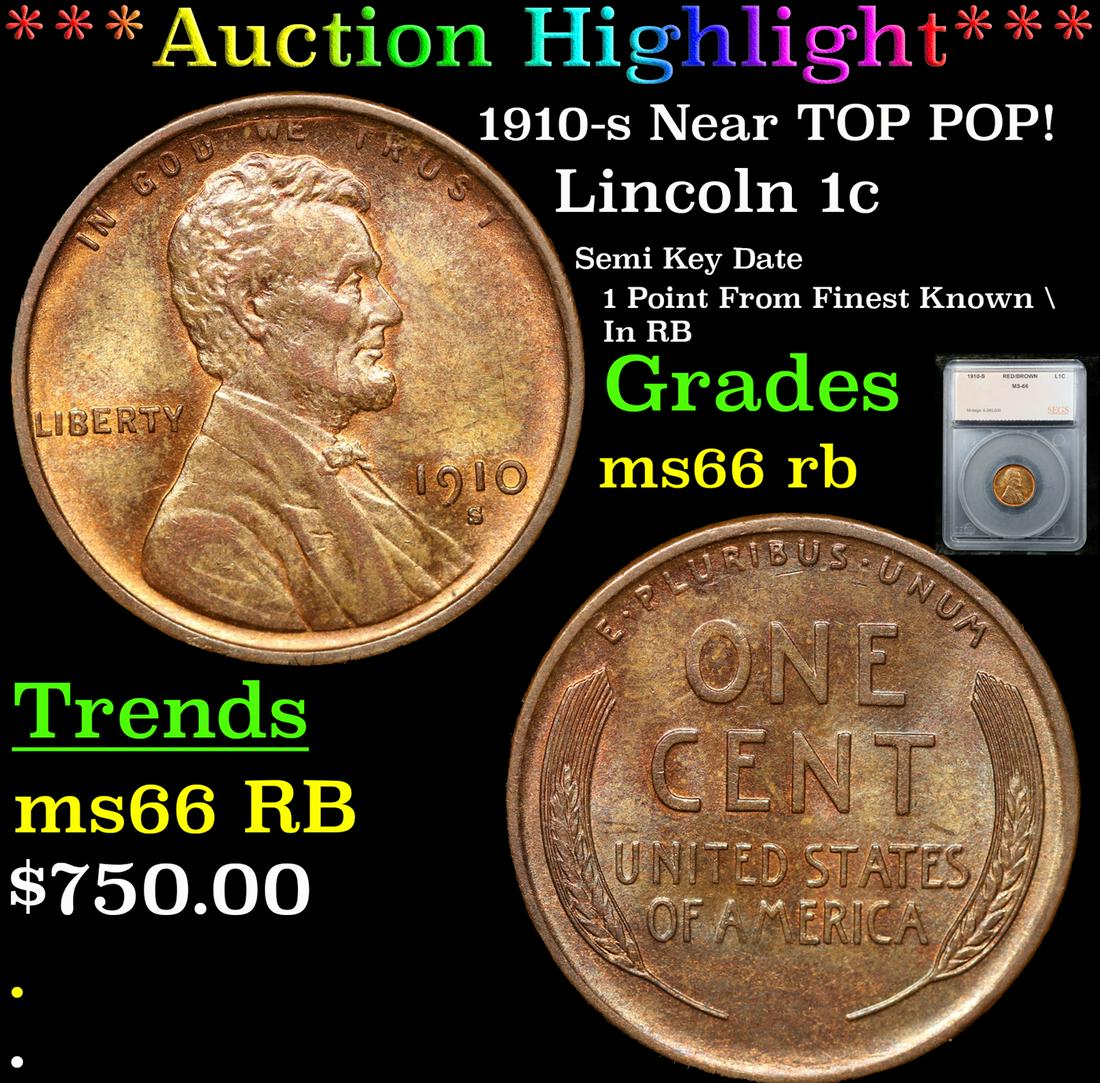 ***Auction Highlight*** 1910-s Lincoln Cent Near TOP POP! 1c Graded ms66 rb By SEGS (fc): ***Auction Highlight*** 1910-s Near TOP POP! Lincoln Cent 1c Graded ms66 rb By SEGS. Semi Key Date. Per David Hall of PCGS "The 1910-s has long been considered a semi-key date in circulated grades" A