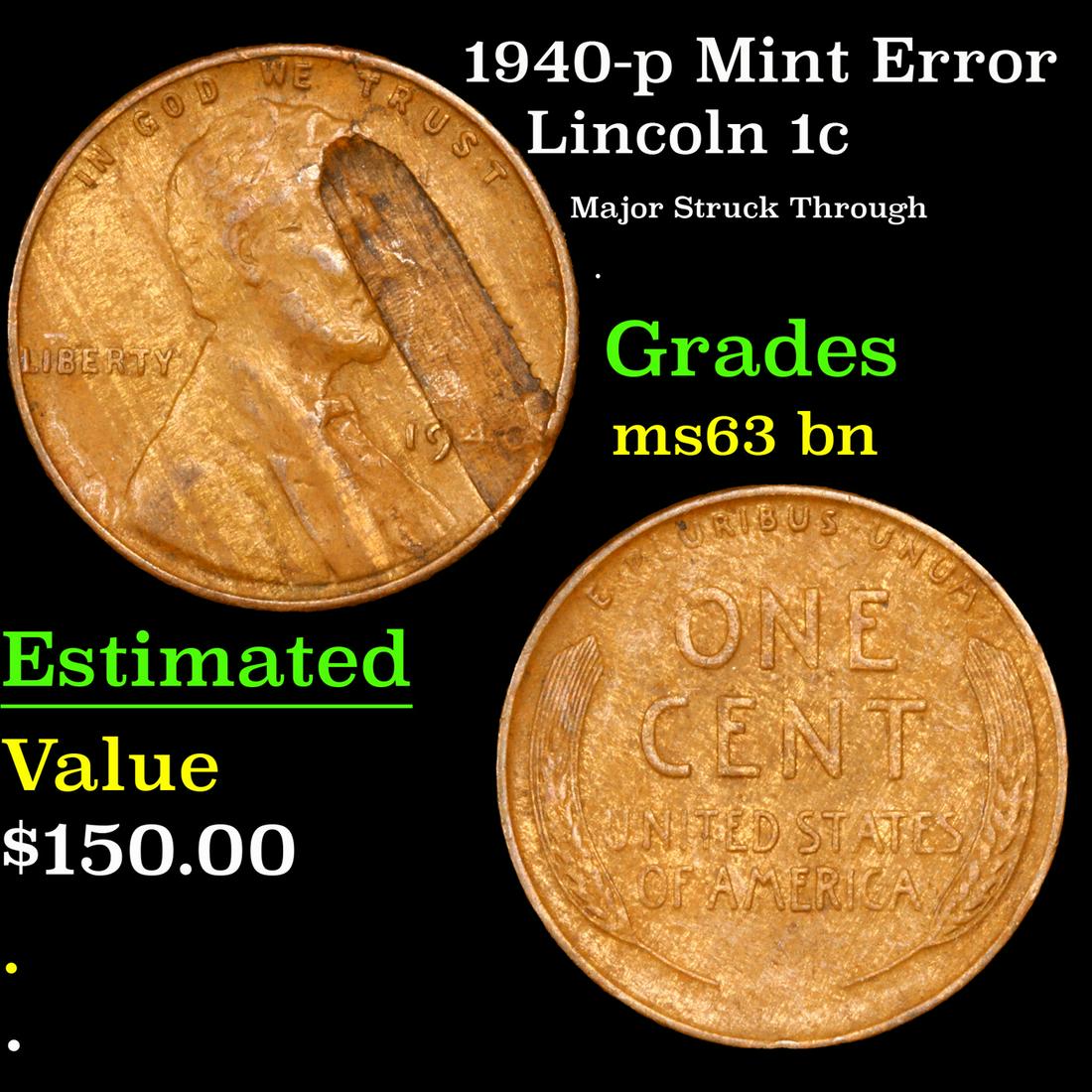 1940-p Lincoln Cent Mint Error 1c Grades Select Unc BN (1 of 3)