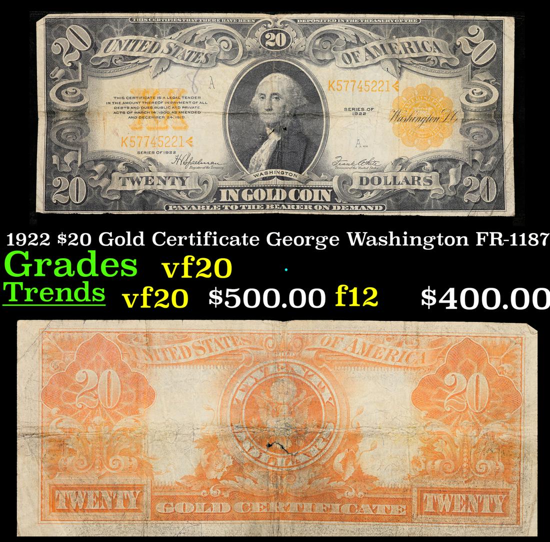 1922 $20 Gold Certificate George Washington FR-1187 Grades vf, very fine (1 of 3)