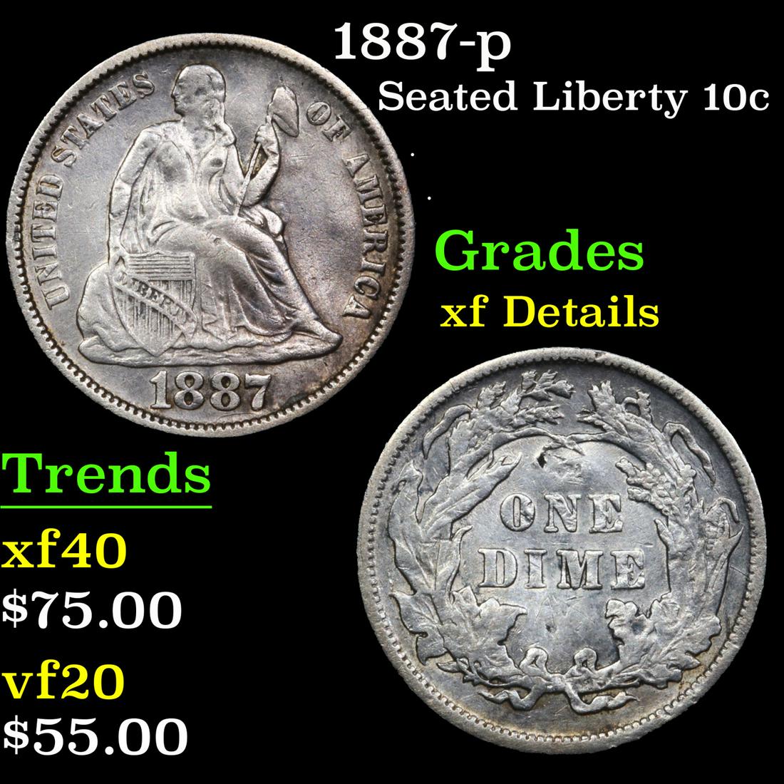1887-p Seated Liberty Dime 10c Grades xf details (1 of 3)