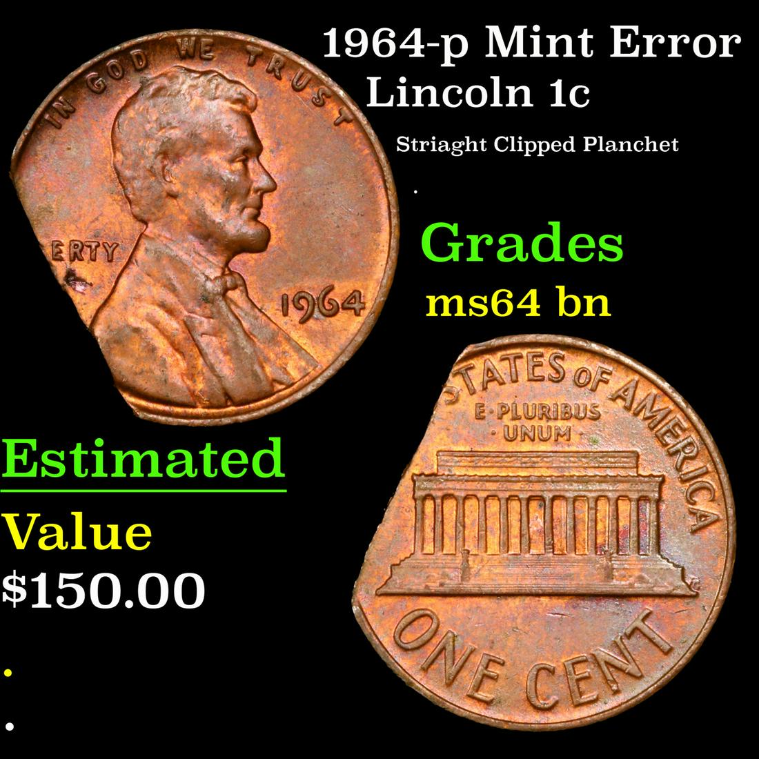 1964-p Lincoln Cent Mint Error 1c Grades Choice Unc BN (1 of 3)