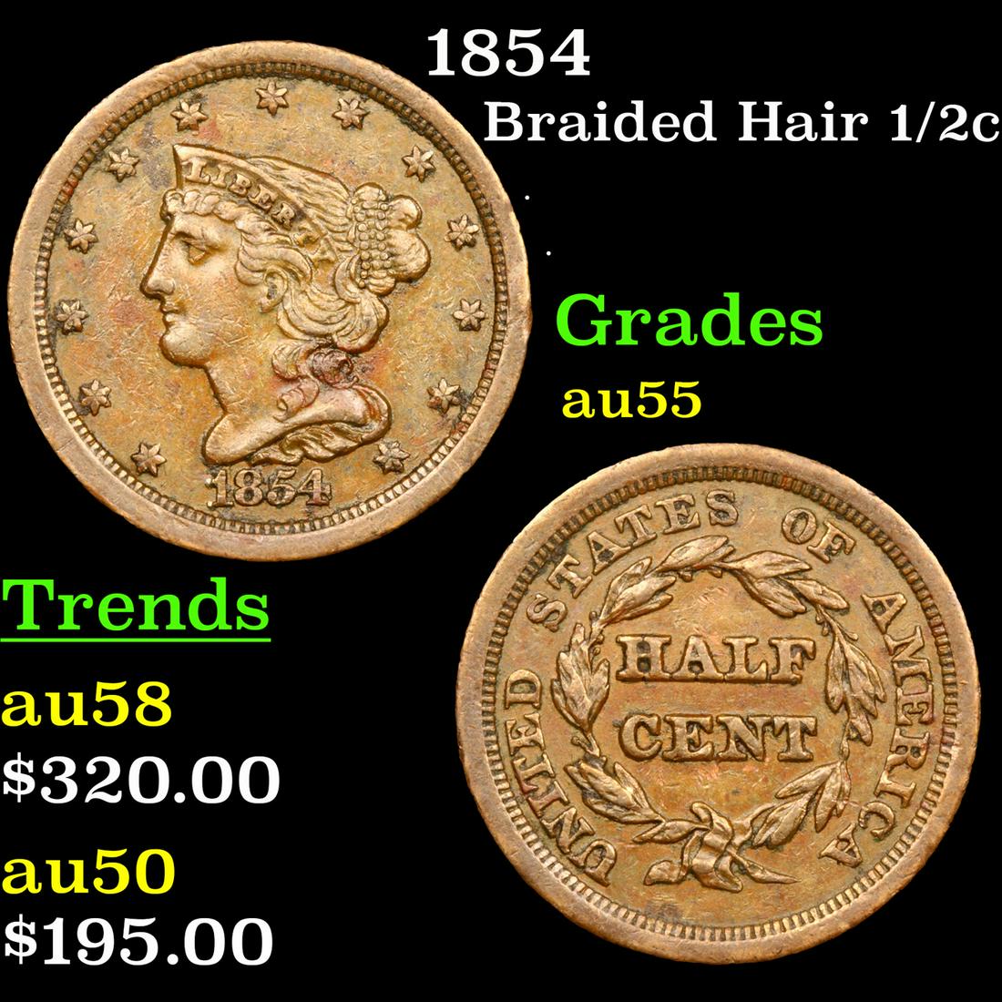 1854 Braided Hair Half Cent 1/2c Grades Choice AU (1 of 3)