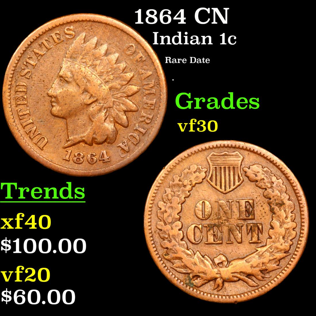 1864 CN Indian Cent 1c Grades vf++ (1 of 3)