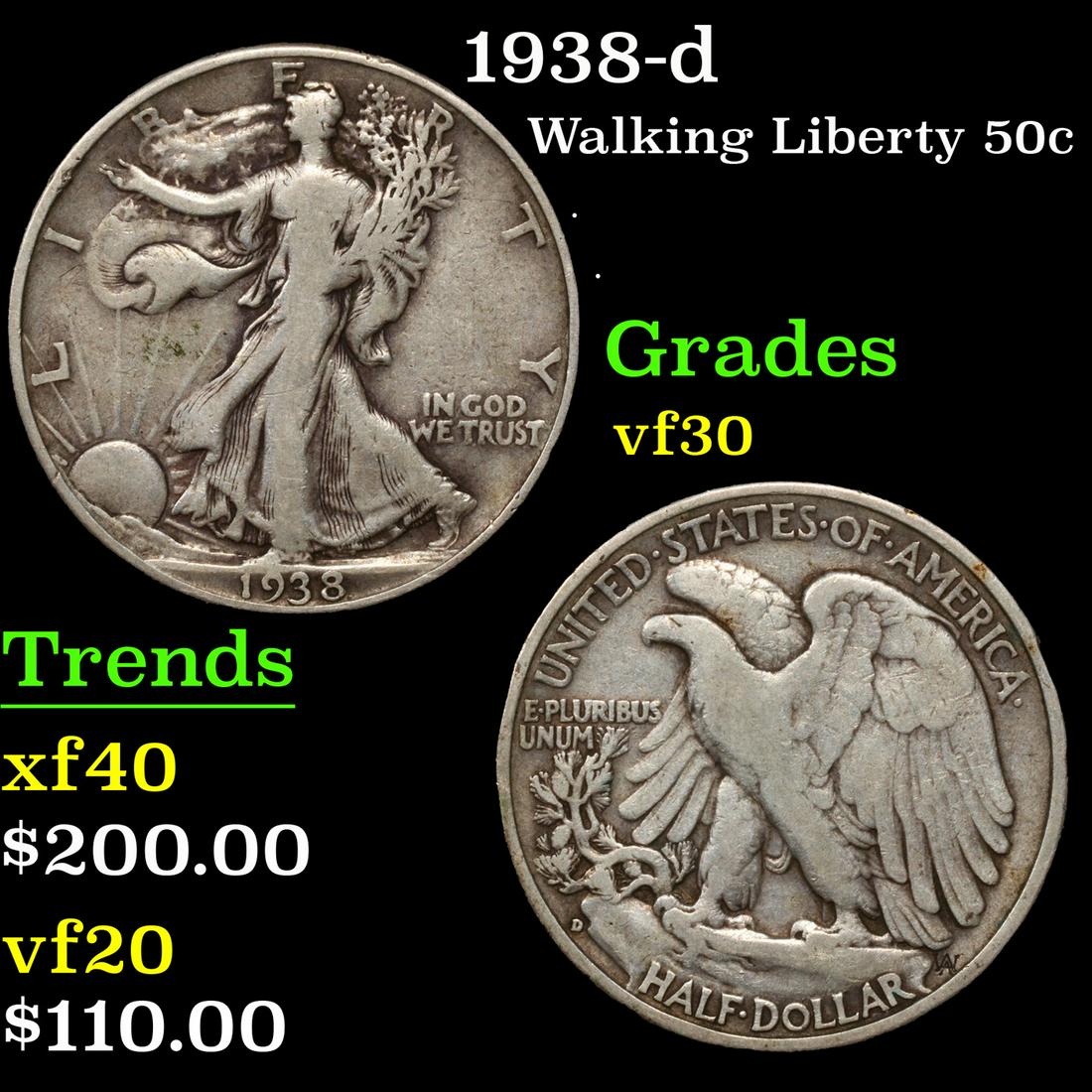 1938-d Walking Liberty Half Dollar 50c Grades vf++ (1 of 3)
