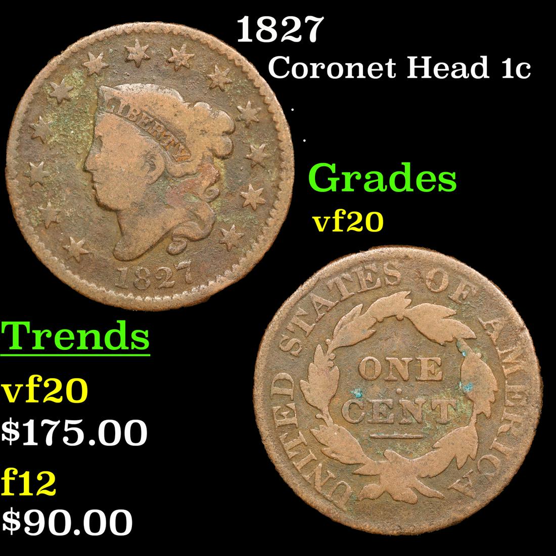 1827 Coronet Head Large Cent 1c Grades vf, very fine (1 of 3)