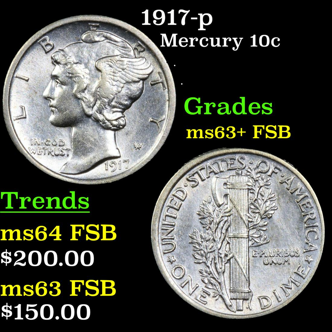 1917-p Mercury Dime 10c Grades Select Unc+ FSB (1 of 3)