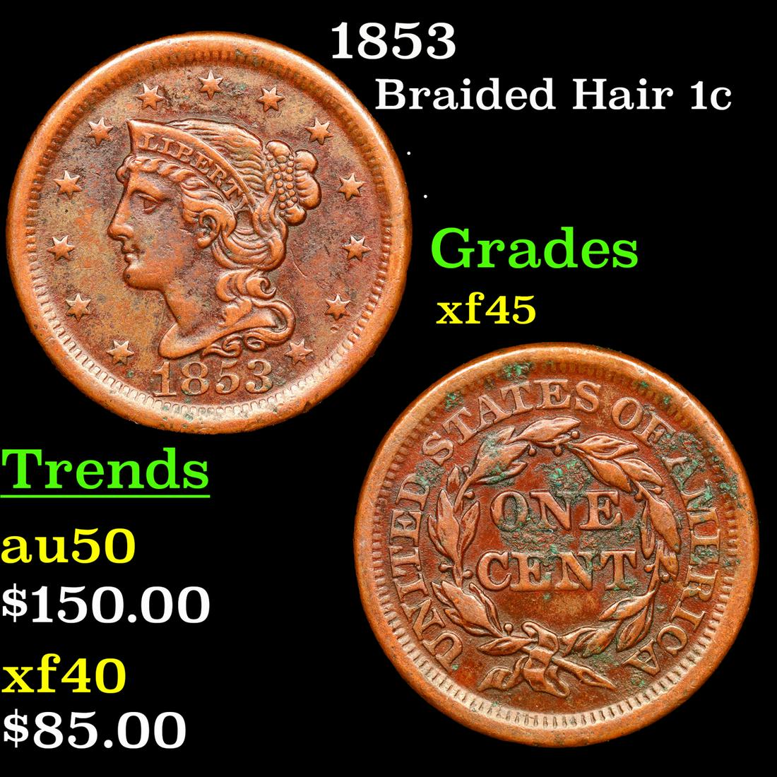 1853 Braided Hair Large Cent 1c Grades xf+ (1 of 3)