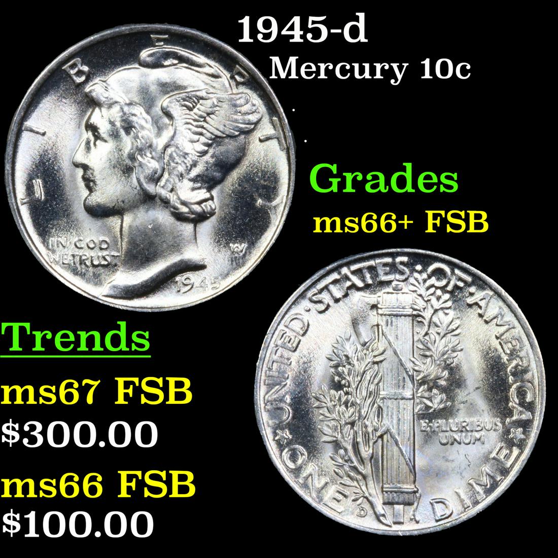 1945-d Mercury Dime 10c Grades GEM++ FSB (1 of 3)