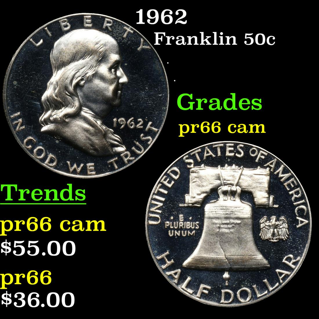 Proof 1962 Franklin Half Dollar 50c Grades GEM+ Proof Cameo (1 of 3)