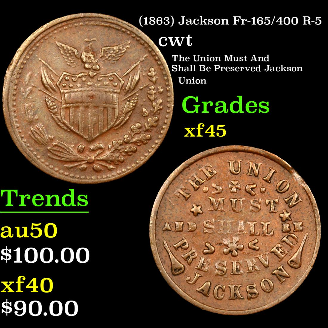 (1863) Jackson Civil War Token Fr-165/400 R-5 1c Grades xf+ (1 of 3)