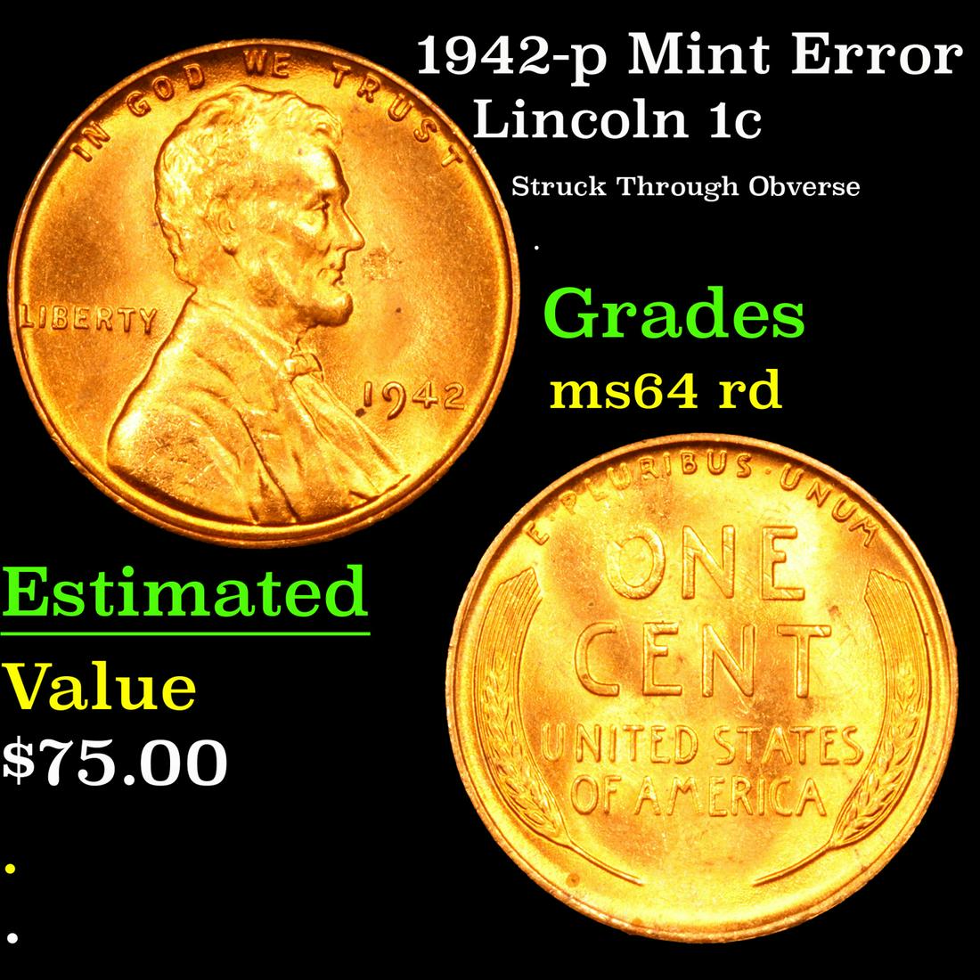 1942-p Lincoln Cent Mint Error 1c Grades Choice Unc RD (1 of 3)