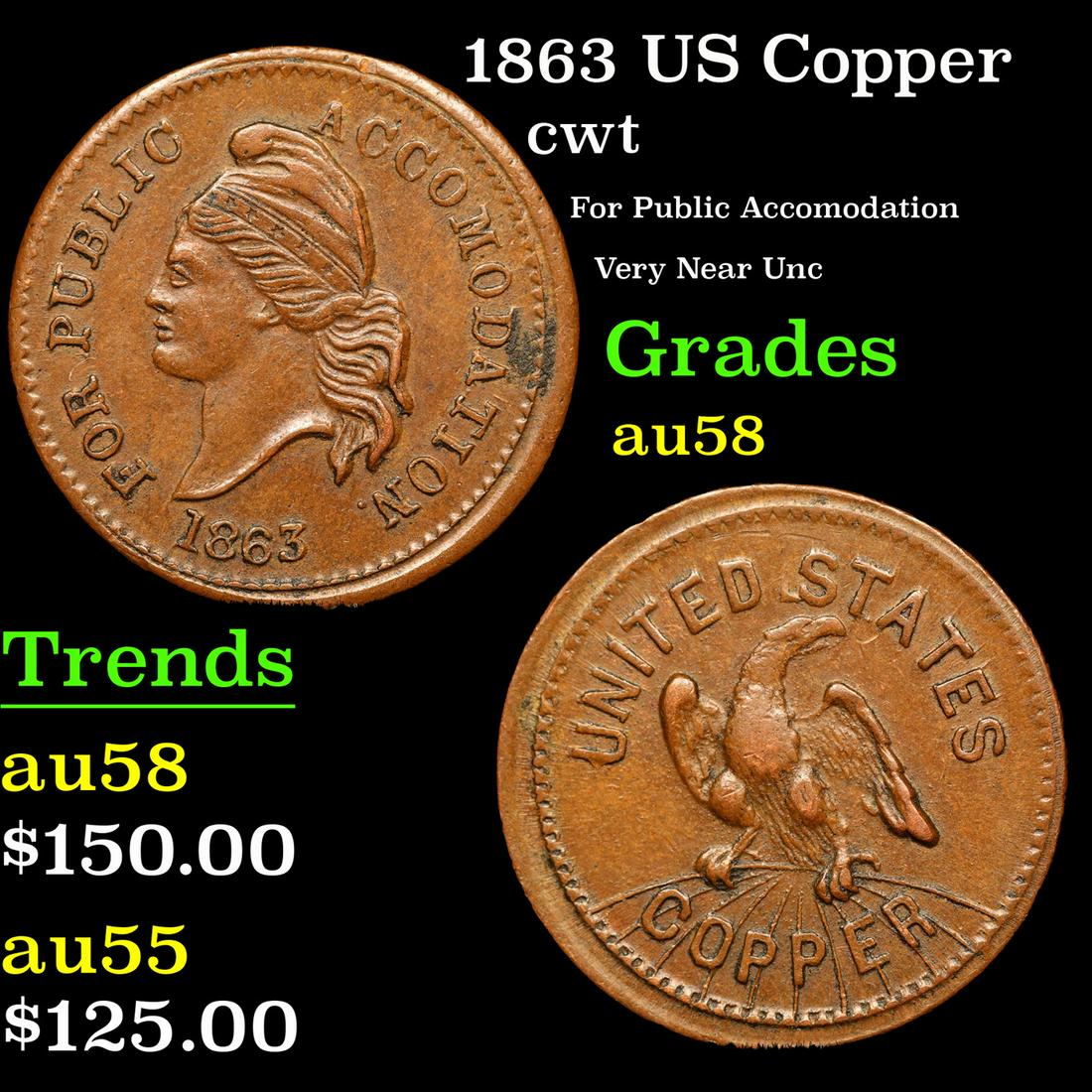 1863 US Copper Civil War Token 1c Grades Choice AU/BU Slider (1 of 3)