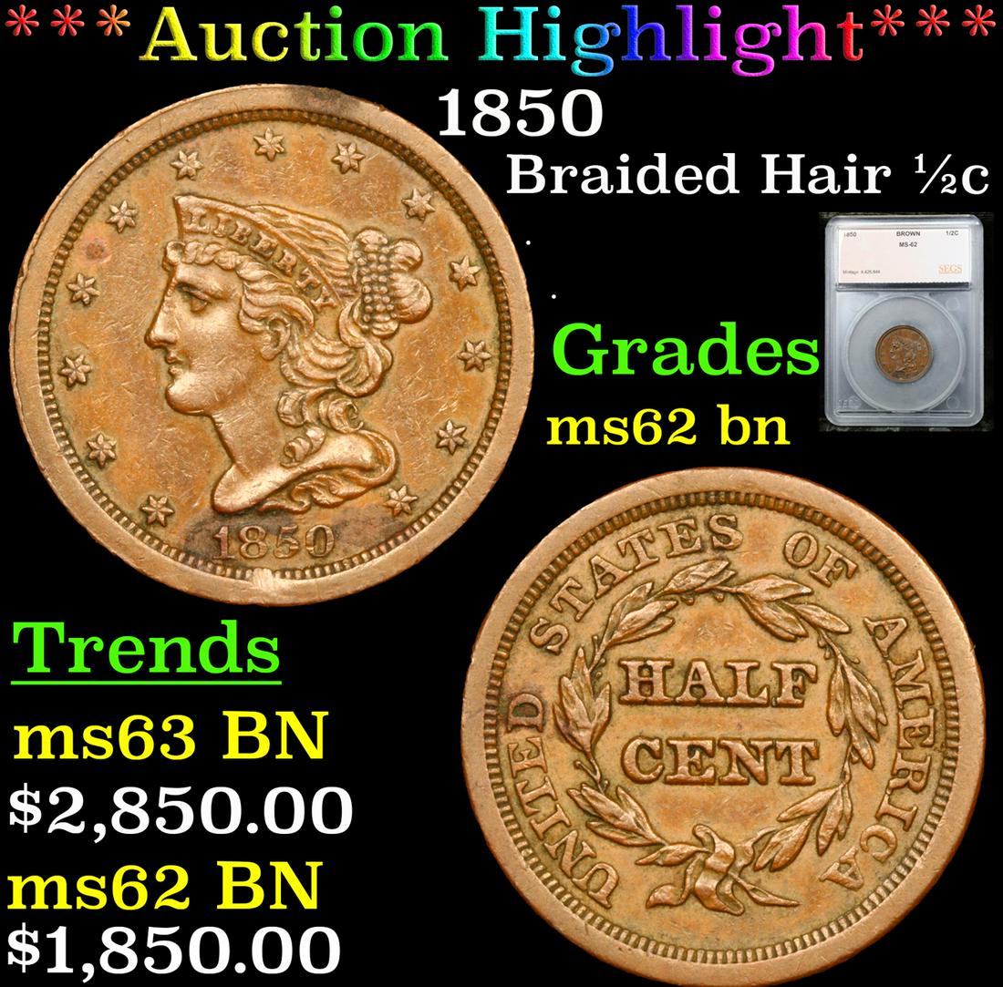 ***Auction Highlight*** 1850 Braided Hair Half Cent 1/2c Graded ms62 bn By SEGS (fc) (1 of 5)