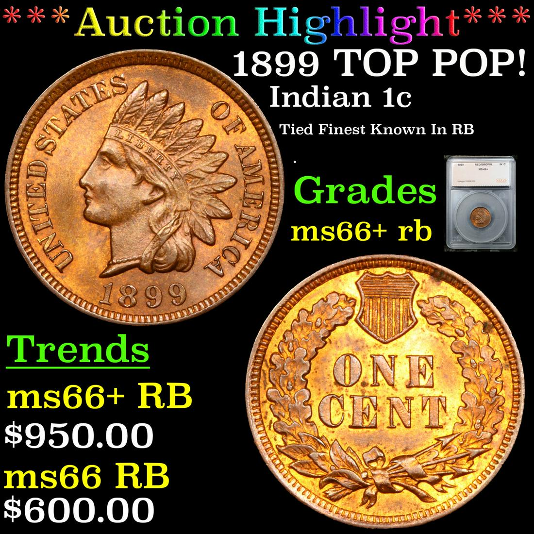 ***Auction Highlight*** 1899 Indian Cent TOP POP! 1c Graded ms66+ rb By SEGS (fc) (1 of 5)