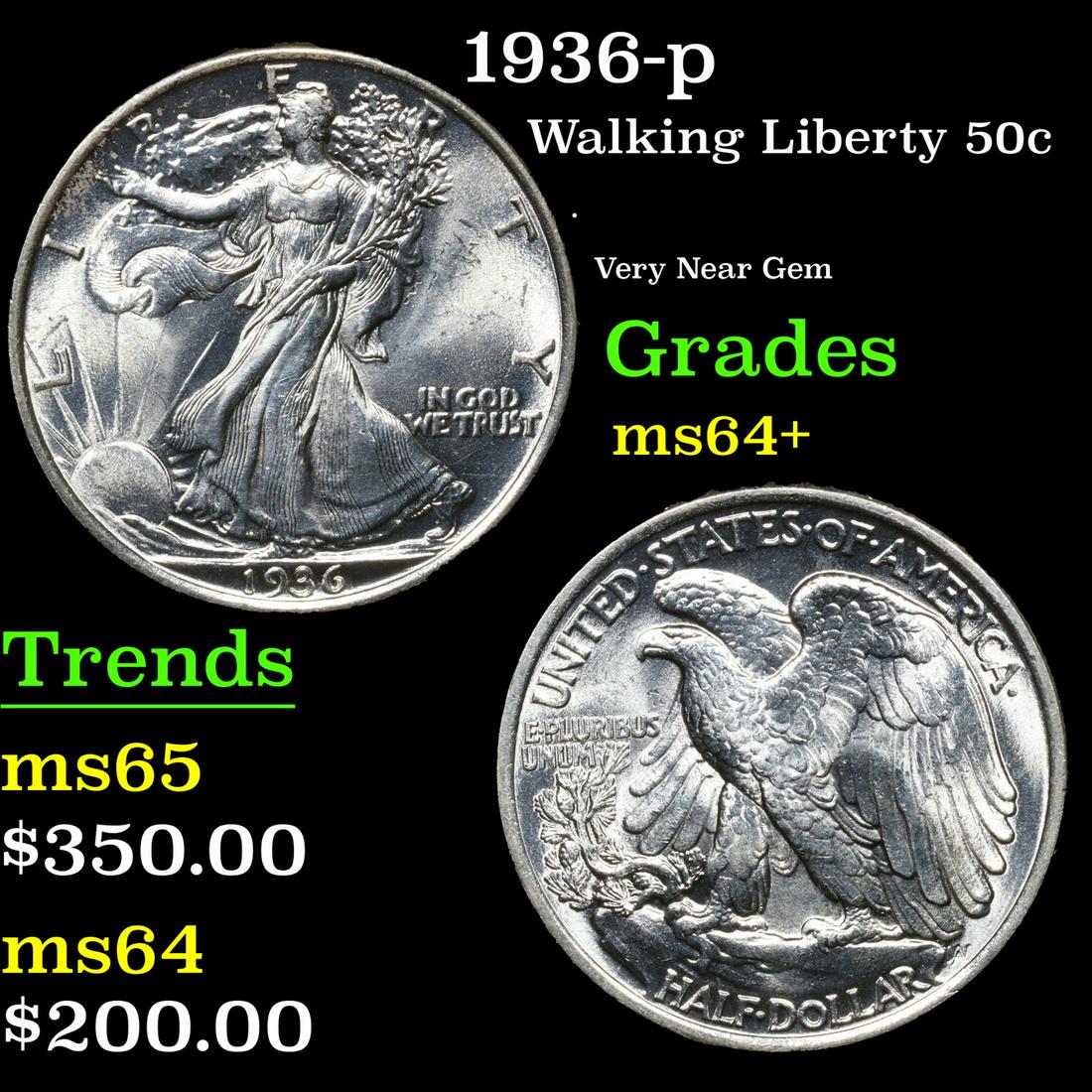 1936-p Walking Liberty Half Dollar 50c Grades Choice+ Unc (1 of 3)