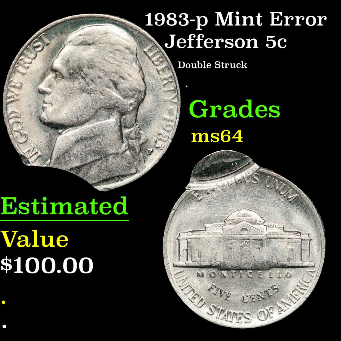1983-p Jefferson Nickel Mint Error 5c Grades Choice Unc (1 of 3)