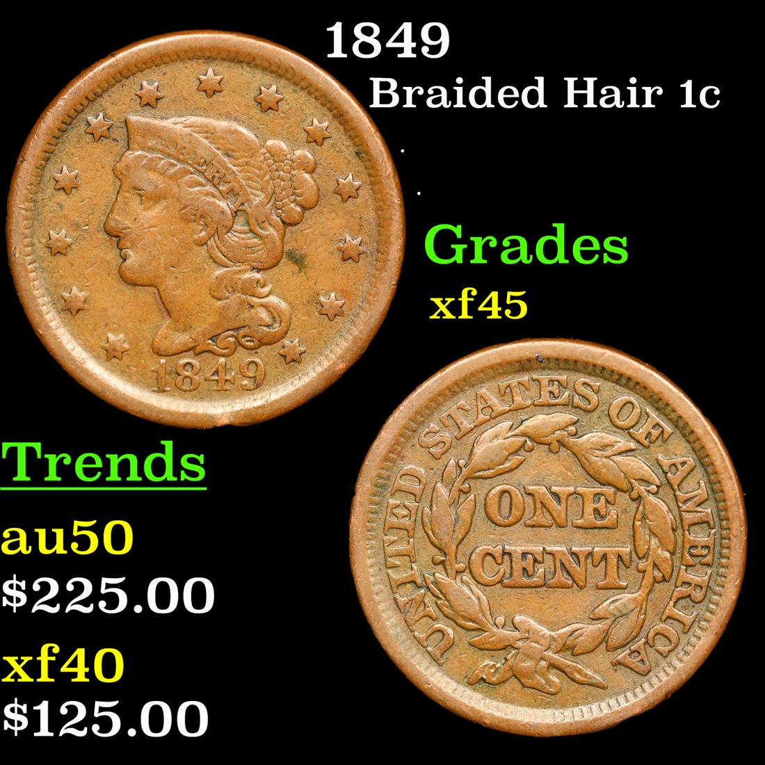 1849 Braided Hair Large Cent 1c Grades xf+ (1 of 3)