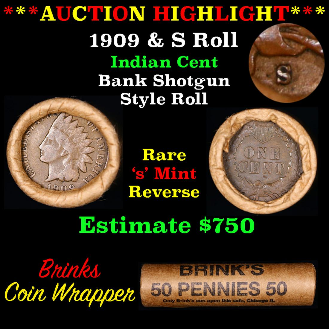 ***Auction Highlight*** Indian cent 1c orig roll, 1909 end S other end (fc) (1 of 4)