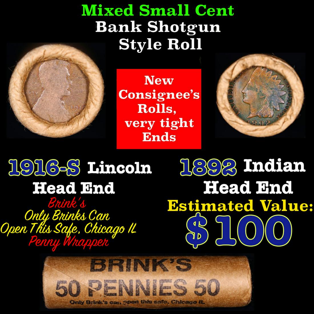 Mixed small cents 1c orig shotgun roll, 1916-s Wheat Cent, 1892 Indian Cent other end, Brinks (1 of 4)