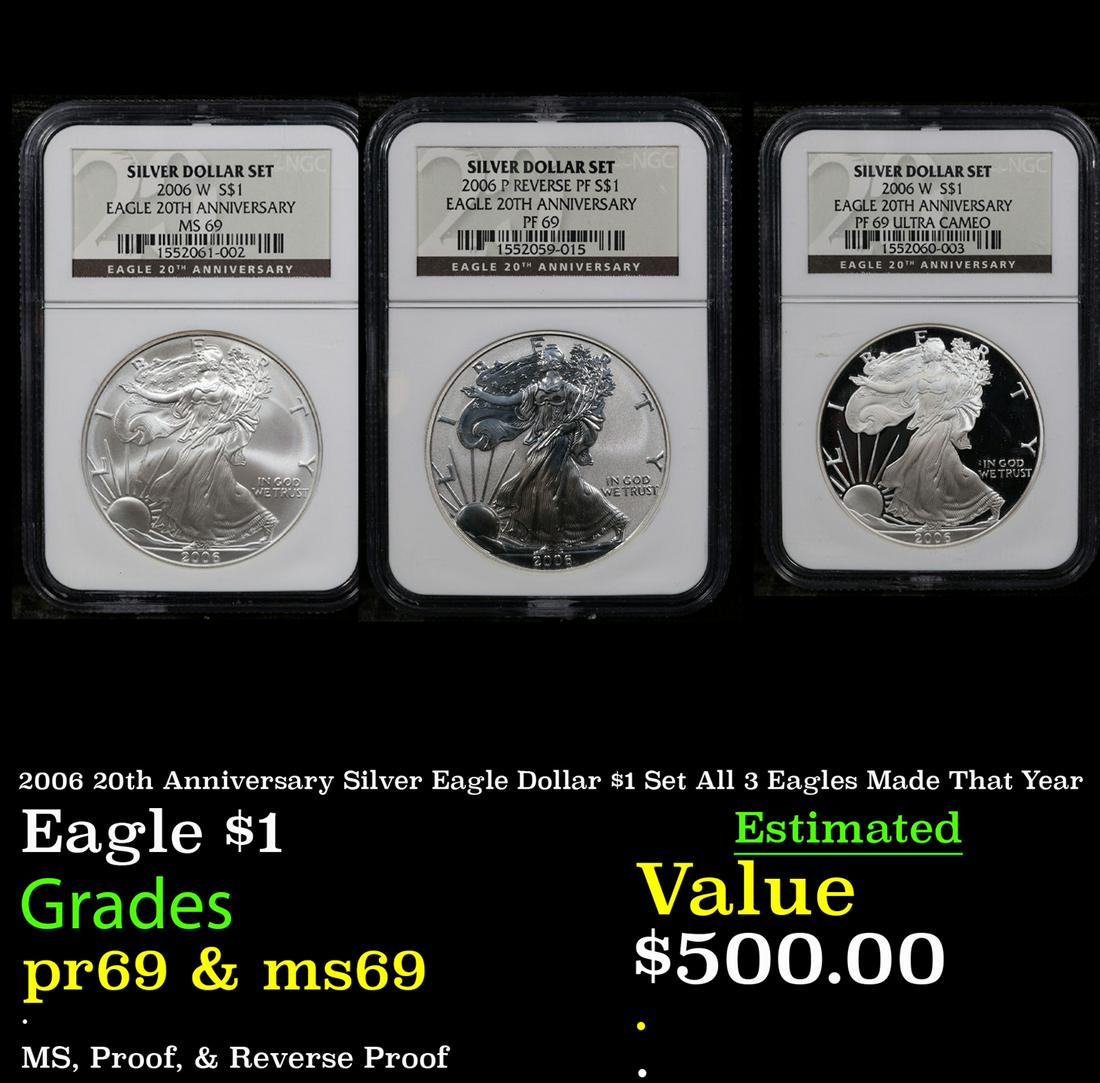 Proof NGC 2006 20th Anniversary Silver Eagle Dollar $1 Set All 3 Eagles Made That Year Graded pr69 (1 of 7)