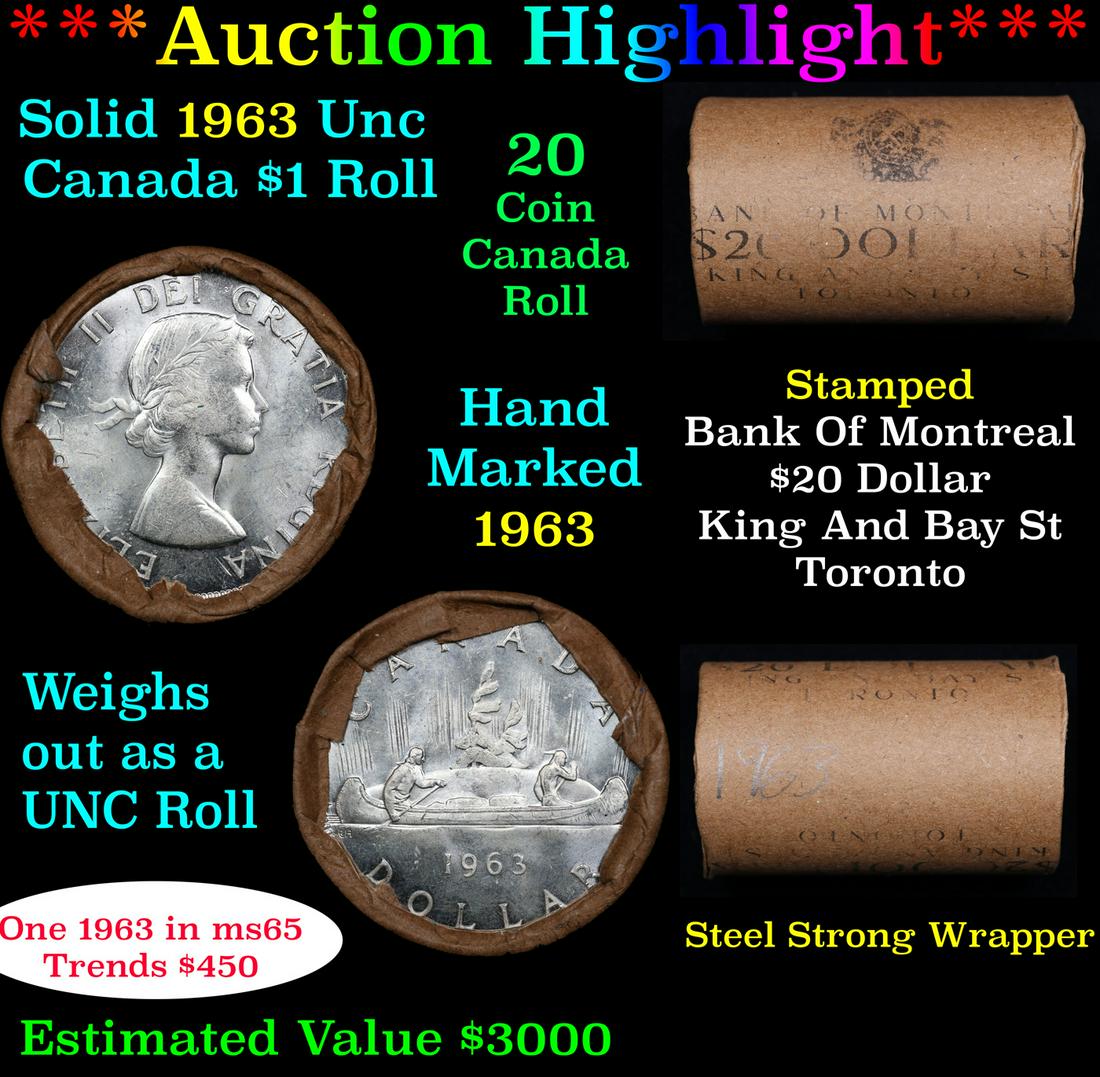 ***Auction Highlight*** Full Roll of Silver 1963 Canadian Dollar with Queen Elizabeth II, 20 Coins (1 of 5)