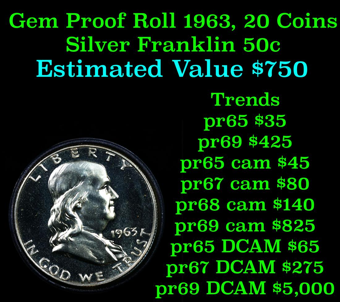 Full roll of Proof 1963 Silver Franklin 50c, 20 Coins total Franklin Half Dollar 50c (1 of 2)