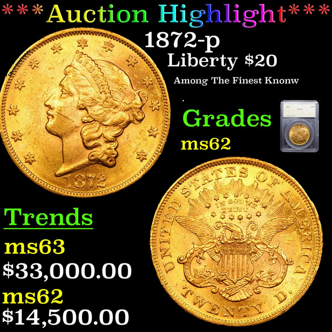 ***Auction Highlight*** 1872-p Gold Liberty Double Eagle $20 Graded ms62 By SEGS (fc) (1 of 5)