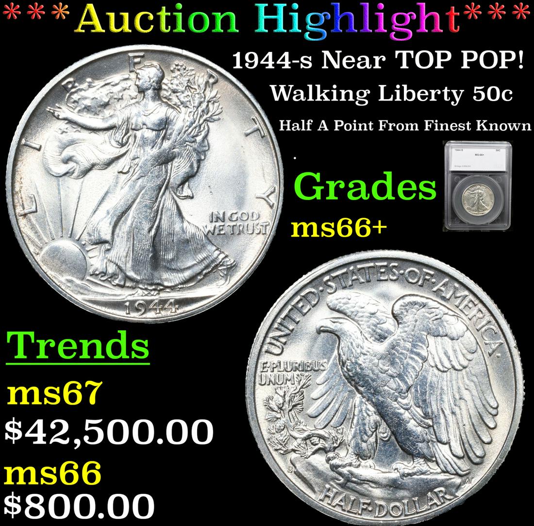 ***Auction Highlight*** 1944-s Walking Liberty Half Dollar Near TOP POP! 50c Graded ms66+ By SEGS (1 of 3)