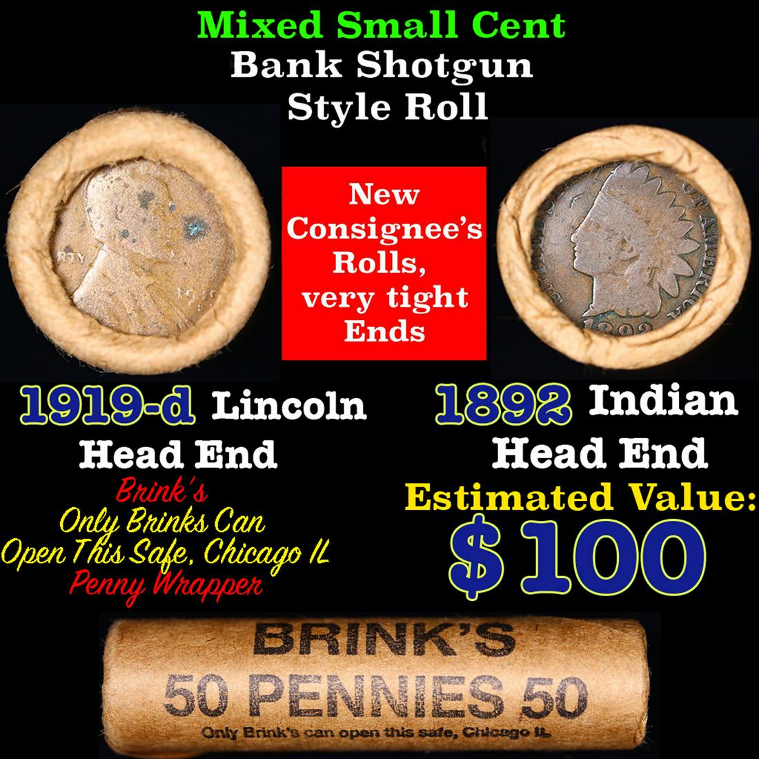 Mixed small cents 1c orig shotgun roll, 1919-d Wheat Cent, 1892 Indian Cent other end, Brinks (1 of 4)