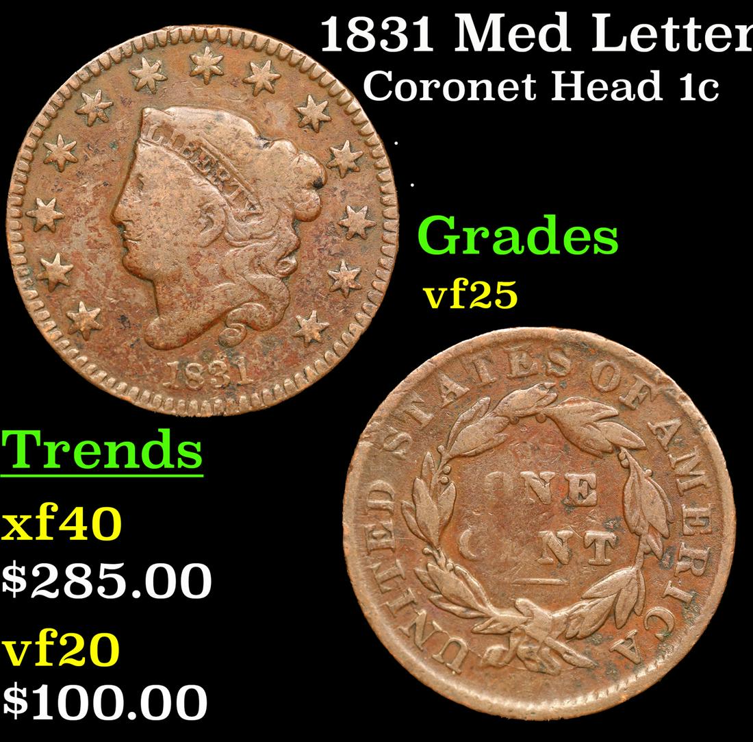 1831 Med Letters Coronet Head Large Cent 1c Grades vf+ (1 of 3)