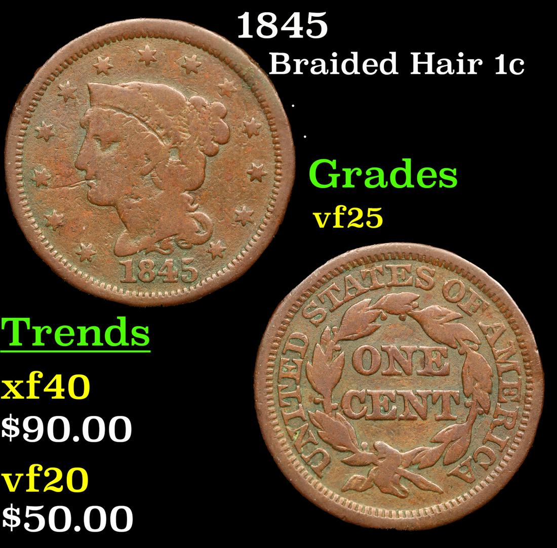 1845 Braided Hair Large Cent 1c Grades vf+ (1 of 3)