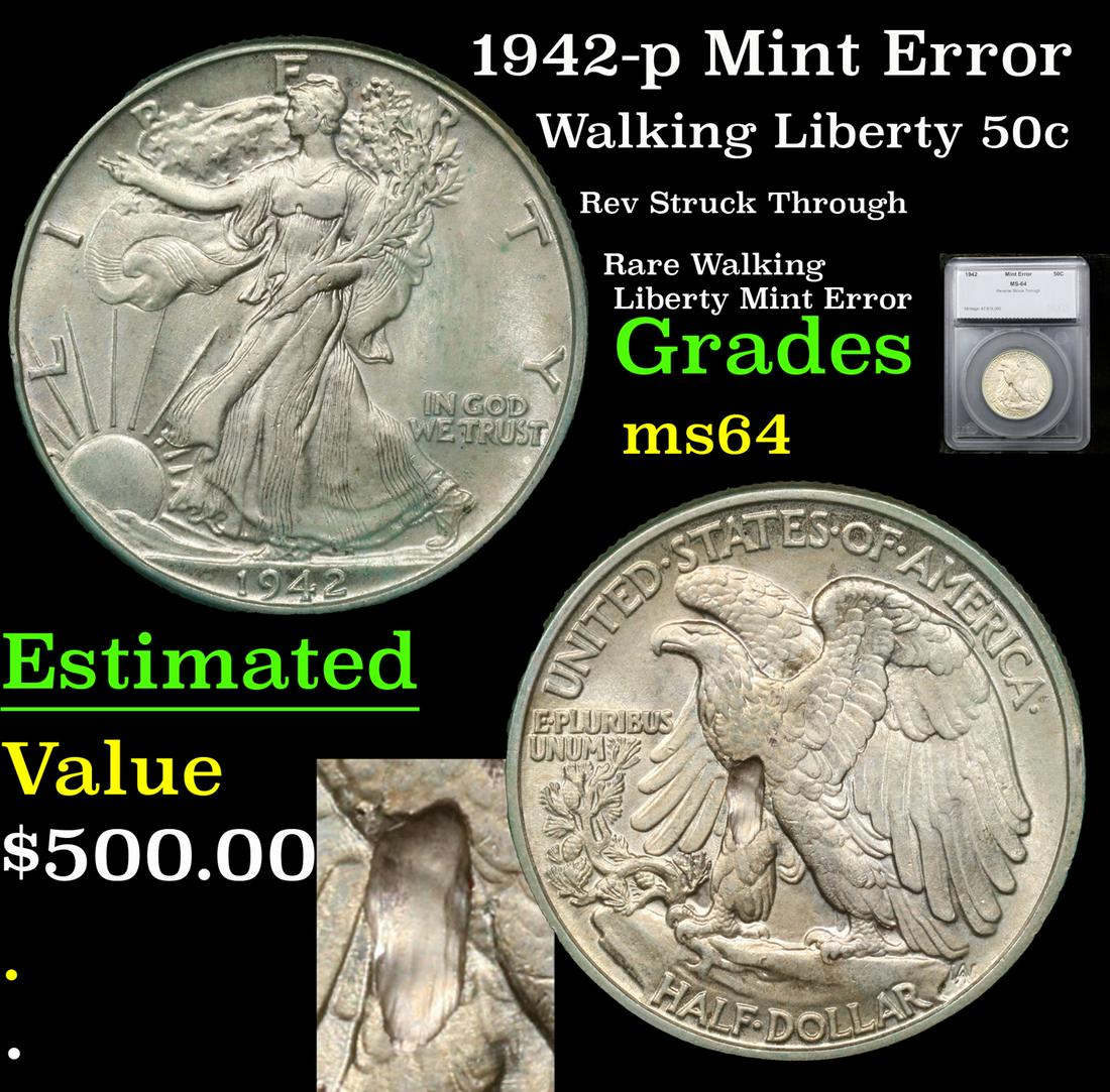 1942-p Walking Liberty Half Dollar Mint Error 50c Graded ms64 By SEGS (1 of 5)