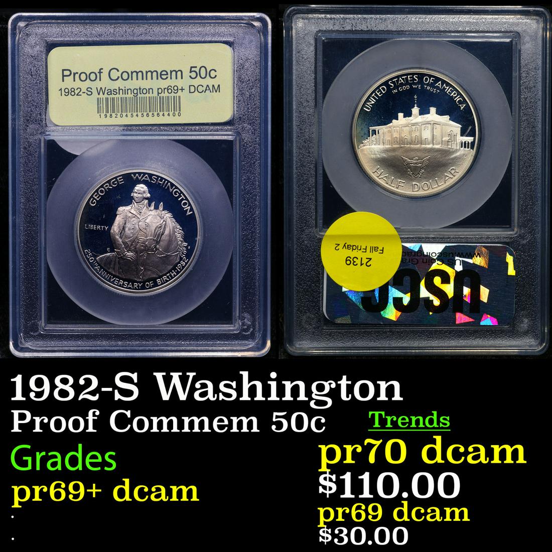Proof 1982-S Washington Modern Commem Half Dollar 50c Graded GEM++ Proof Deep Cameo By USCG (1 of 3)