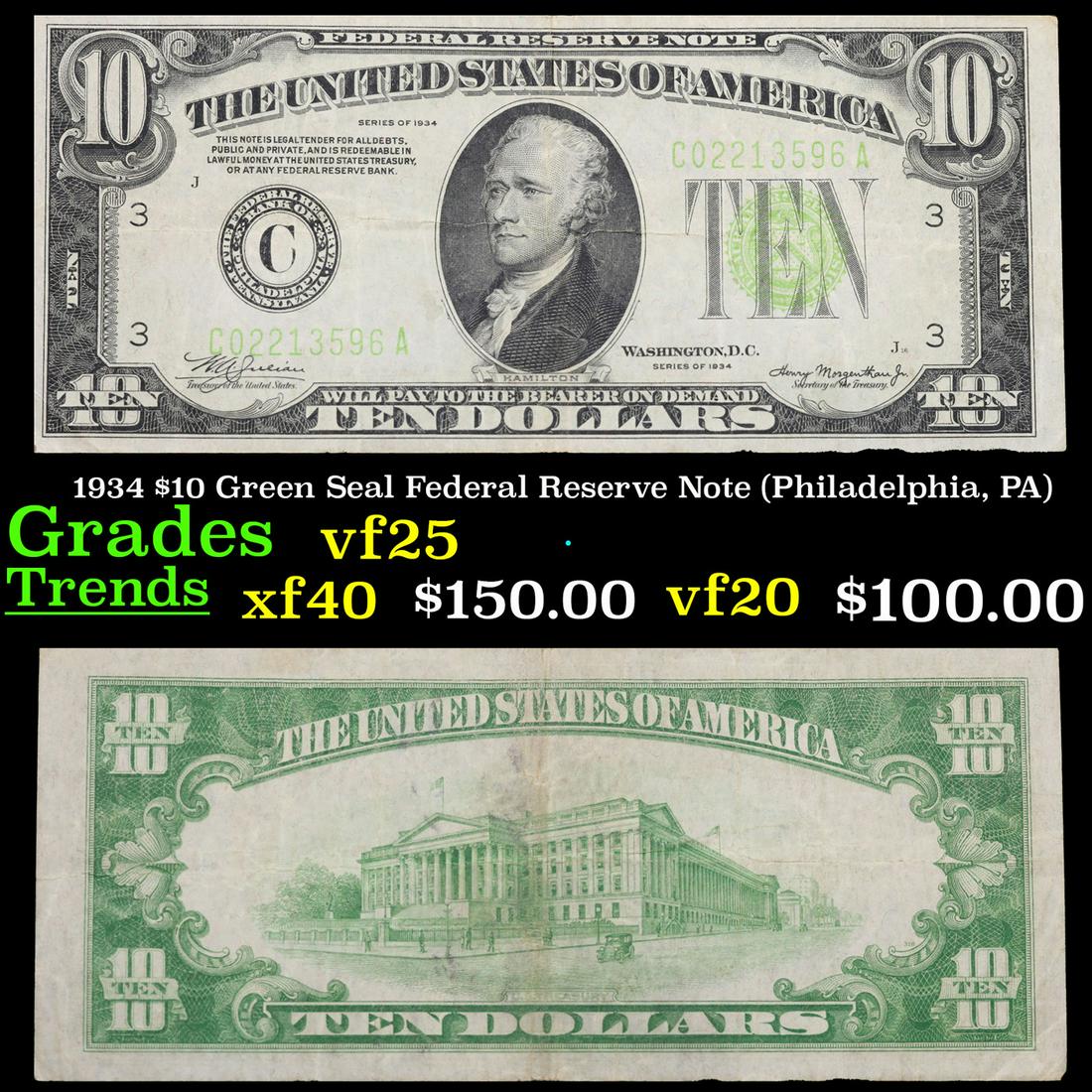 1934 $10 Green Seal Federal Reserve Note (Philadelphia, PA) Grades vf+ (1 of 3)