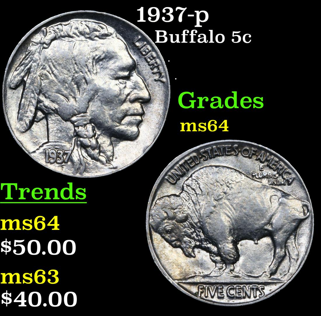 1937-p Buffalo Nickel 5c Grades Choice Unc (1 of 3)