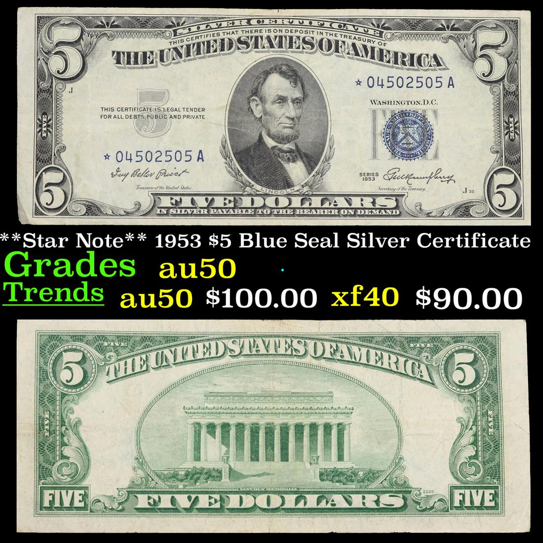 **Star Note** 1953 $5 Blue Seal Silver Certificate Grades AU, Almost Unc (1 of 3)