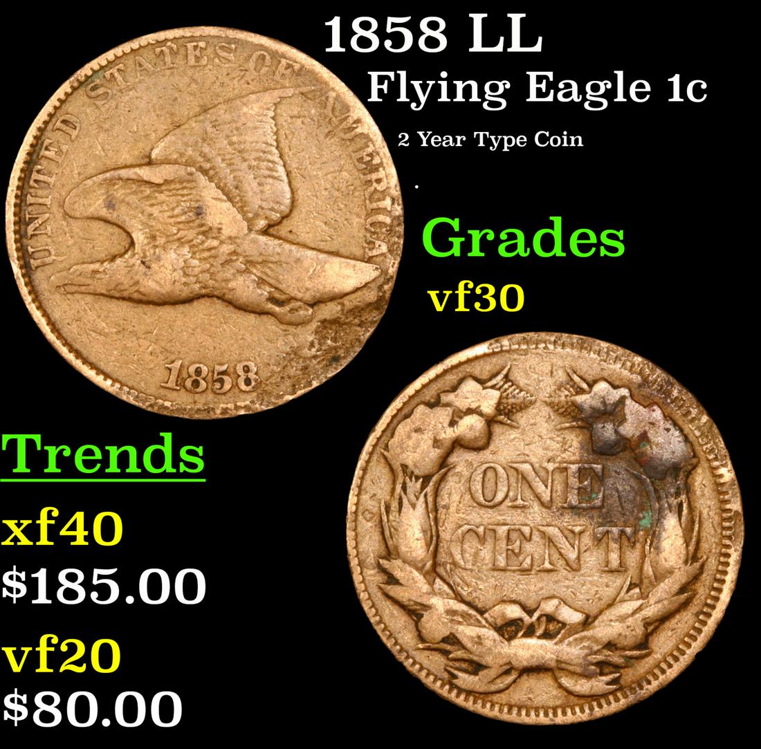 1858 LL Flying Eagle Cent 1c Grades vf++ (1 of 3)