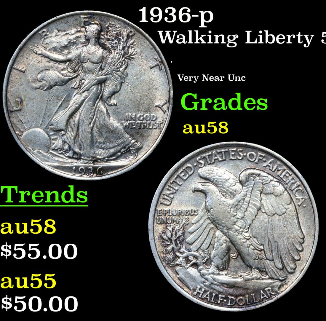 1936-p Walking Liberty Half Dollar 50c Grades Choice AU/BU Slider (1 of 3)
