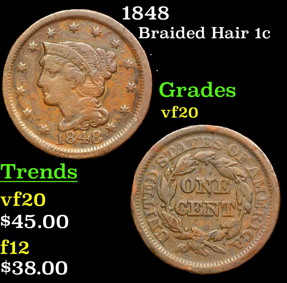1848 Braided Hair Large Cent 1c Grades vf, very fine (1 of 3)