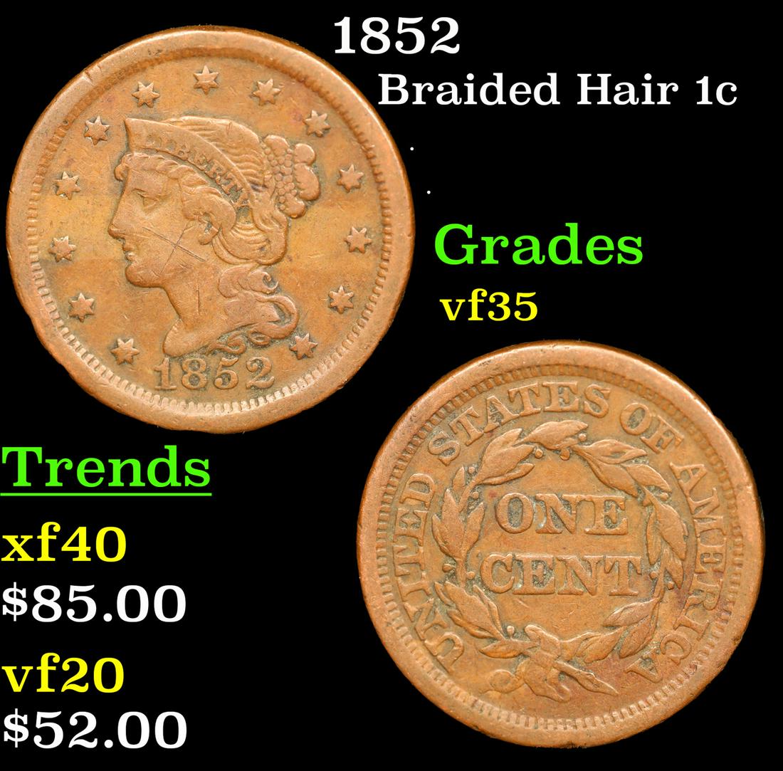 1852 Braided Hair Large Cent 1c Grades vf++ (1 of 3)