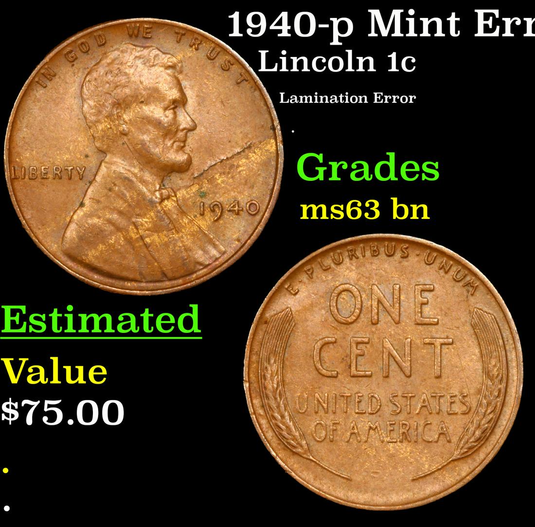 1940-p Lincoln Cent Mint Error 1c Grades Select Unc BN (1 of 3)