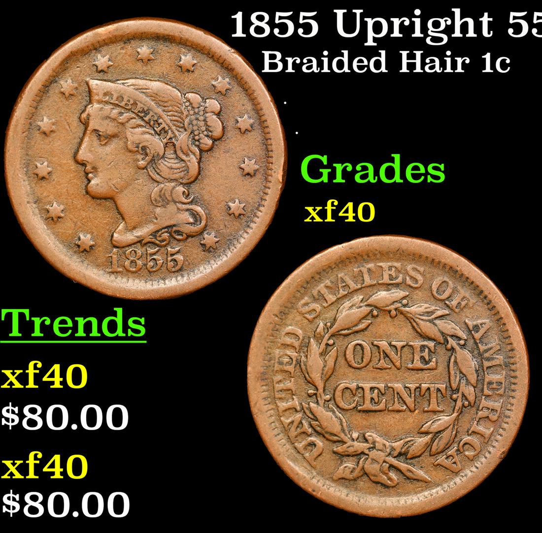 1855 Upright 55 Braided Hair Large Cent 1c Grades xf (1 of 3)