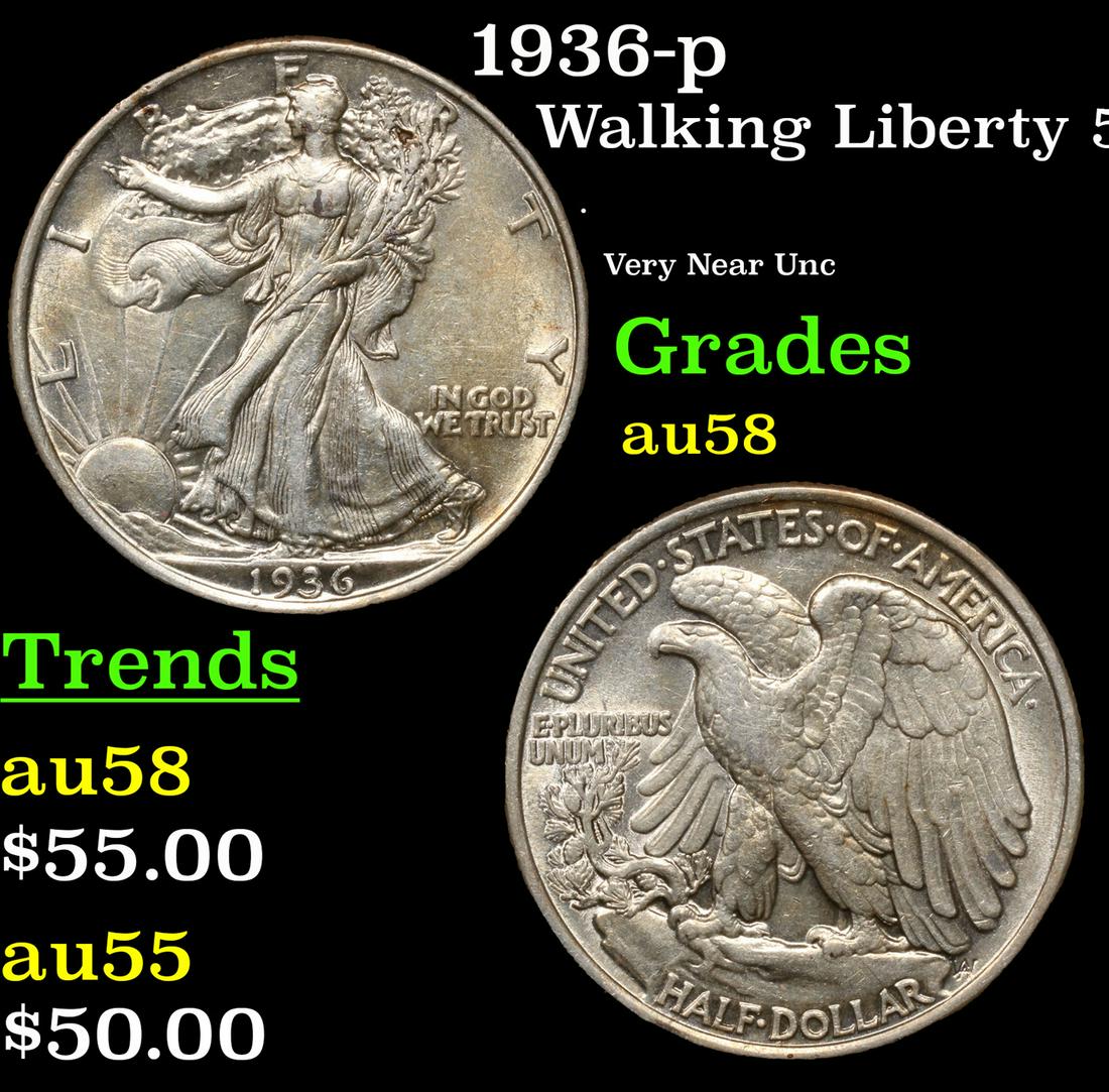 1936-p Walking Liberty Half Dollar 50c Grades Choice AU/BU Slider (1 of 3)