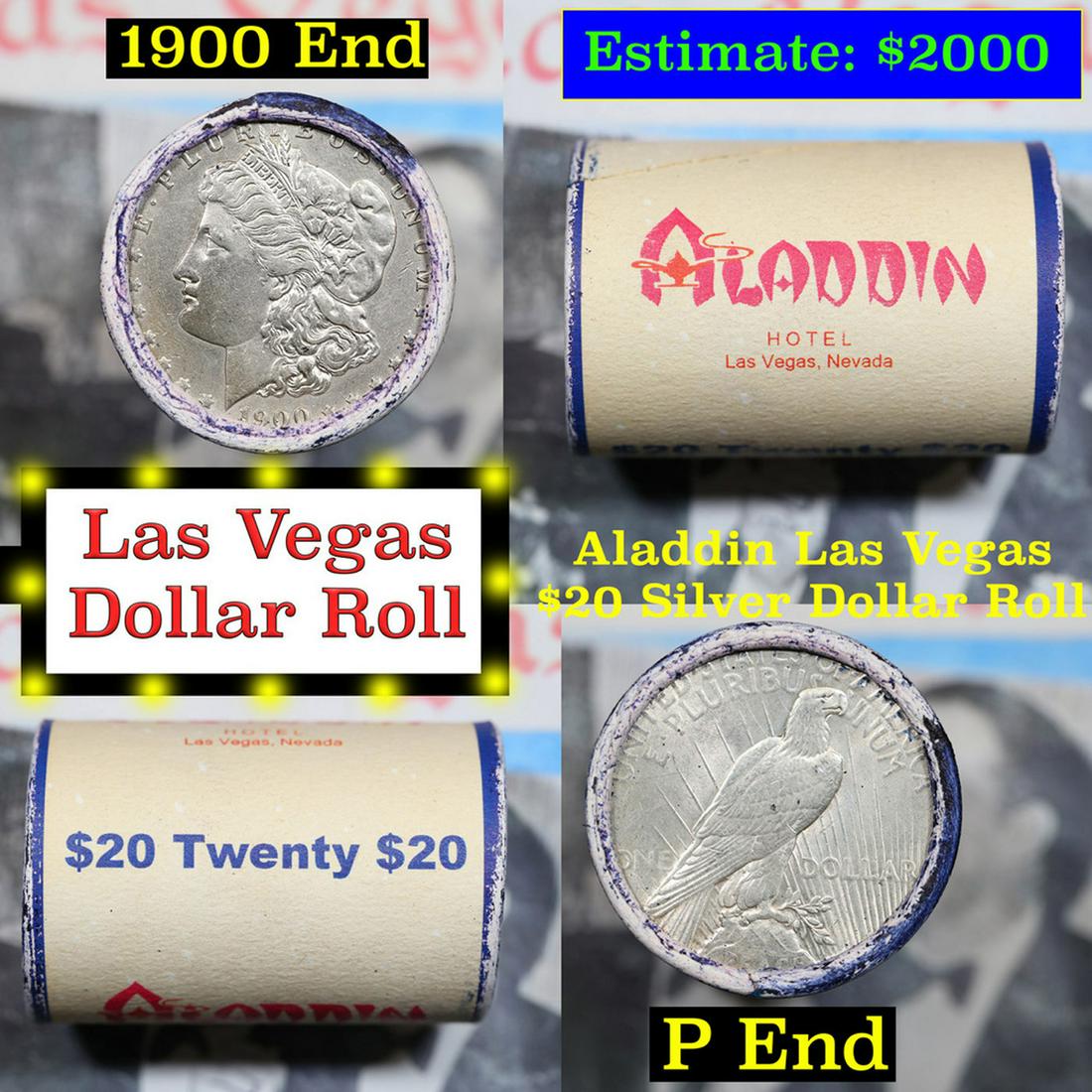 ***Auction Highlight*** Full Morgan/Peace Casino Las Vegas Aladdin silver $1 roll $20, 1900 & P end: ***Auction Highlight*** Full Morgan/Peace Casino Las Vegas Aladdin silver $1 roll $20, 1900 & P end. This roll is held in an old casino wrapper from Las Vegas. This roll contains 20 Morgan and/or Peac