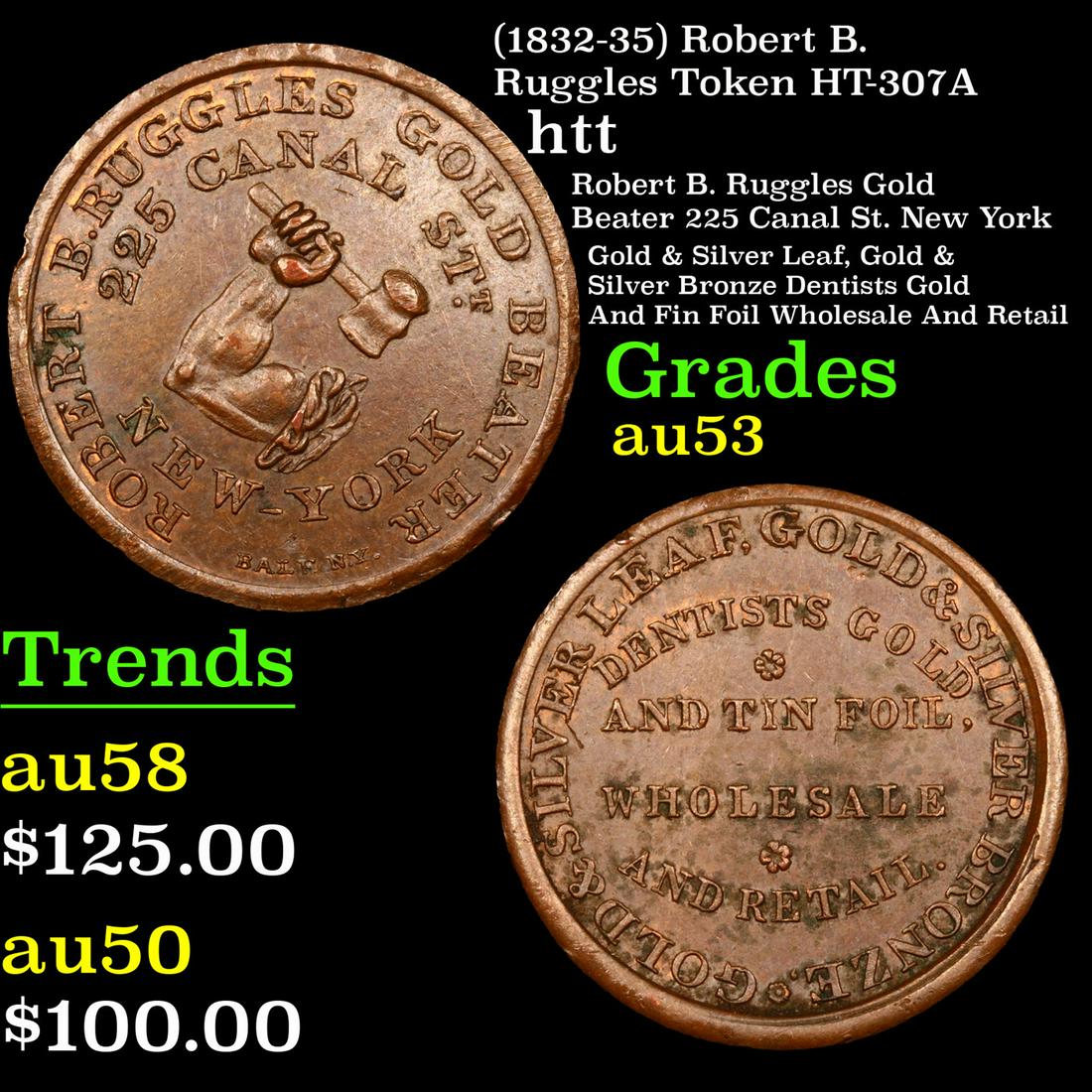 (1832-35) Robert B. Ruggles Token Hard Times Token HT-307A 1c Grades Select AU: (1832-35) Robert B. Ruggles Token HT-307A Hard Times Token 1c Grades Select AU.